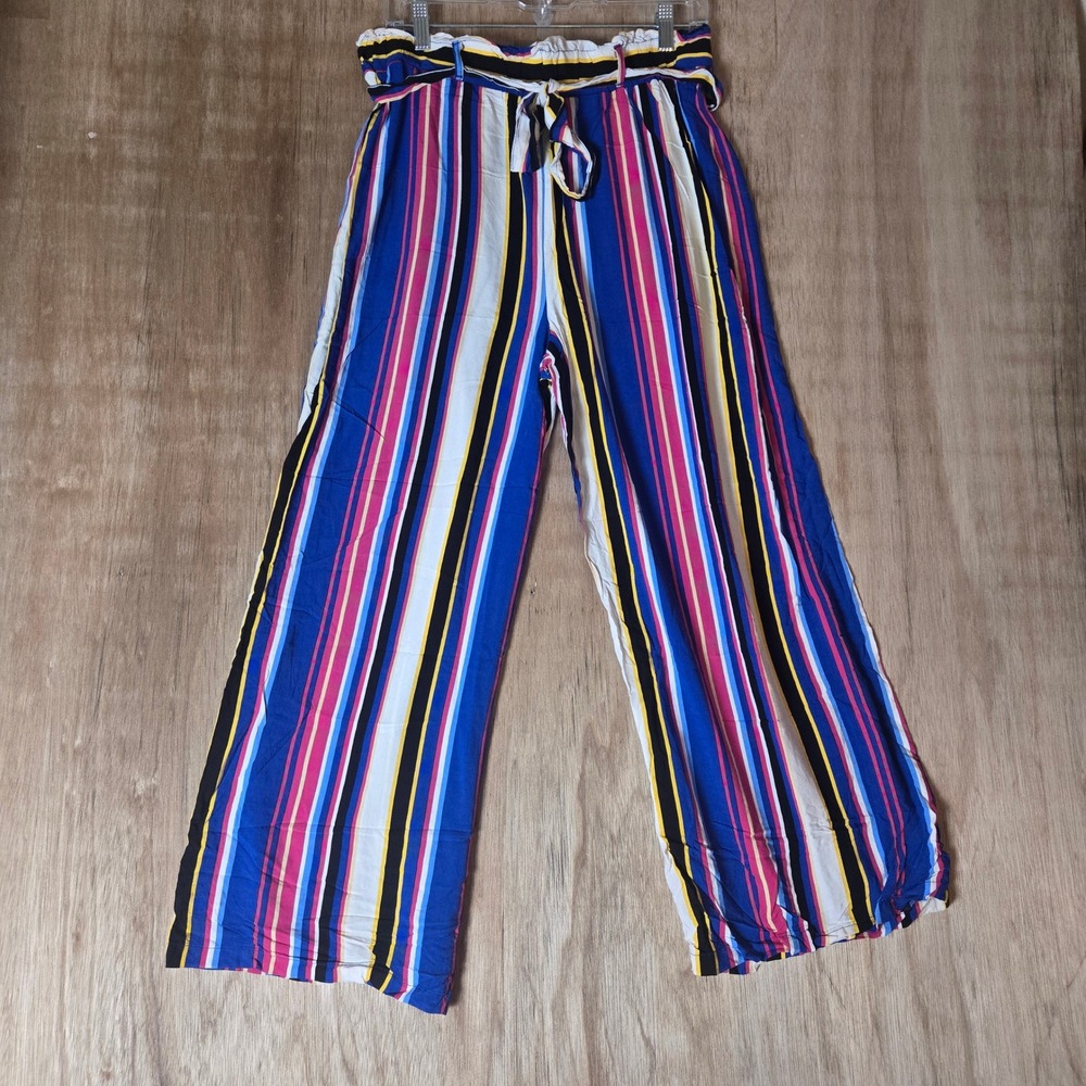 Wide Leg Stripe Paperbag Waist Pants Multicolor Blue Pink Large Pull On Pant